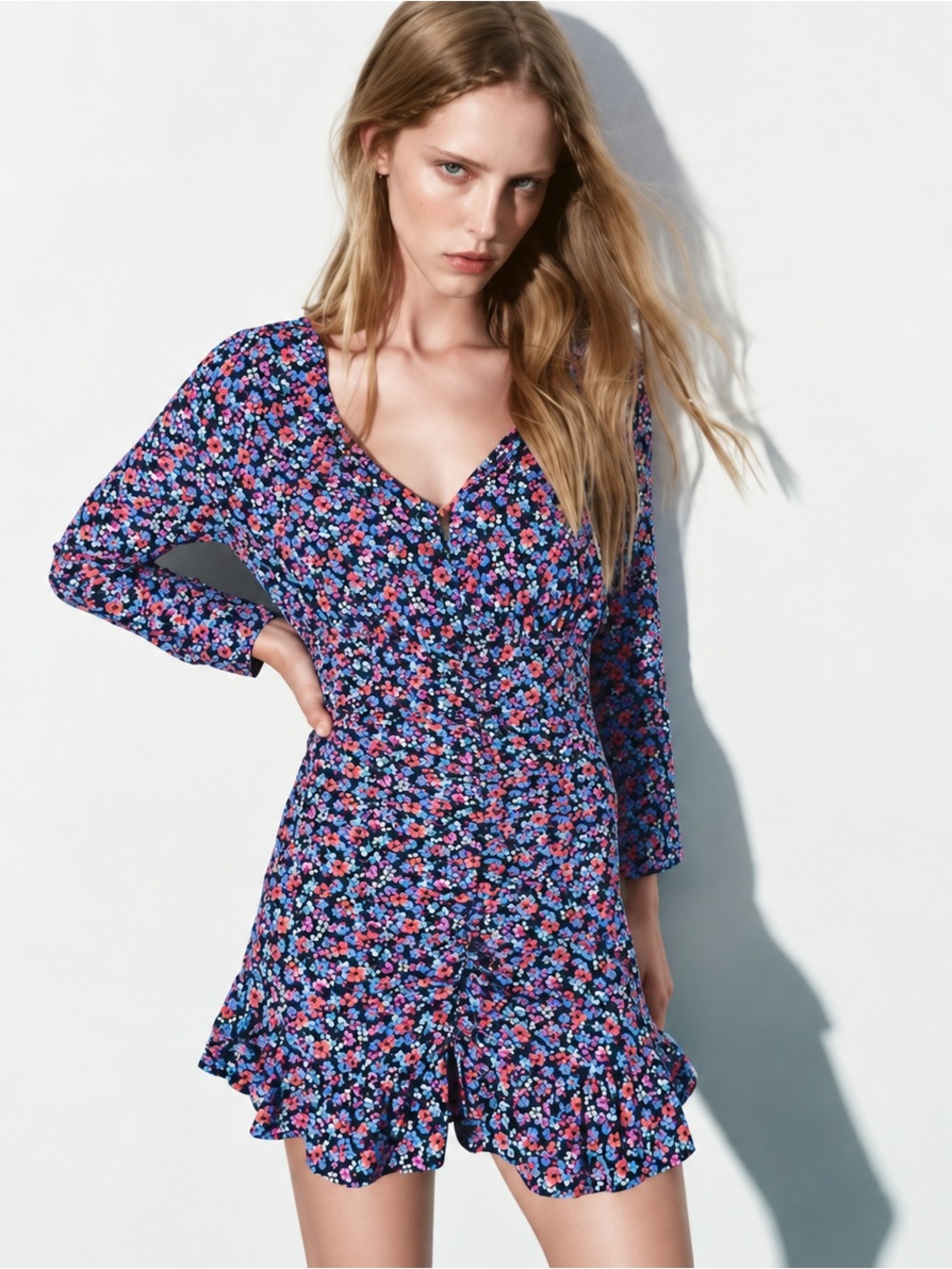 Zara Floral Ruched V Neck Long Sleeve Ruffle Mini Dress NWT